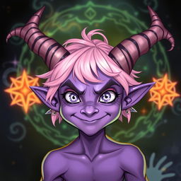 A mischievous tiefling warlock with big silver eyes and light pink messy short hair adorned with braids