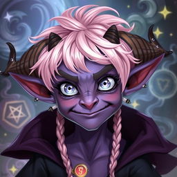 A mischievous tiefling warlock with big silver eyes and light pink messy short hair adorned with braids