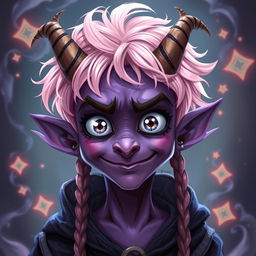 A mischievous tiefling warlock with big silver eyes and light pink messy short hair adorned with braids