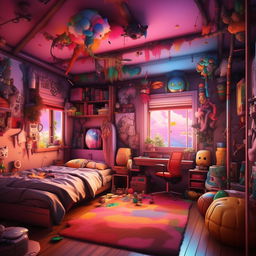 A men's bedroom rendered in anime style with vibrant colors, cartoonish furnishings, prominent otaku elements, and a fantasy yet cozy ambience.