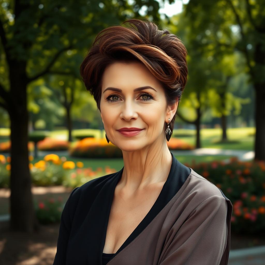 A sexy Russian woman aged 45-50 with a stylish and fashionable hairstyle that complements her features