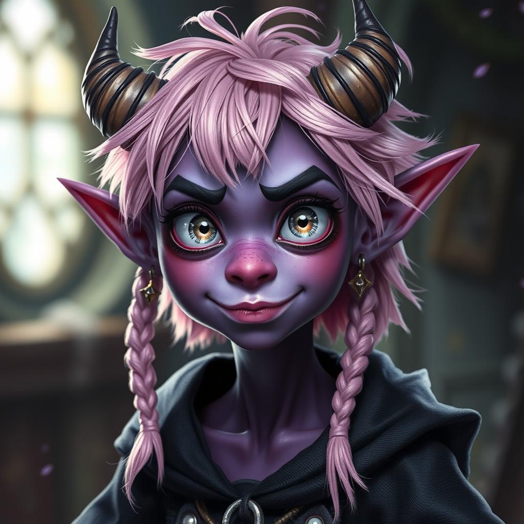 A mischievous Tiefling warlock character with big silver eyes and light pink messy short hair that has playful braids
