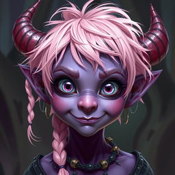 A mischievous Tiefling warlock character with big silver eyes and light pink messy short hair that has playful braids