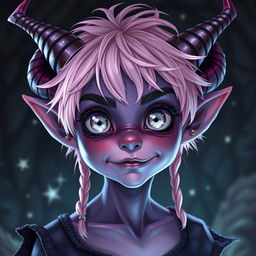 A mischievous Tiefling warlock character with big silver eyes and light pink messy short hair that has playful braids
