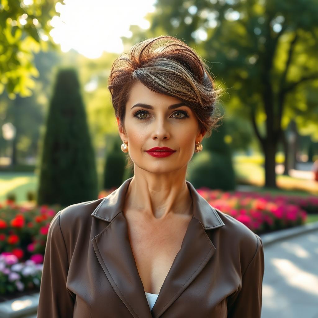 A sexy Russian woman aged 45-50, featuring a chic and fashionable hairstyle that adds to her allure
