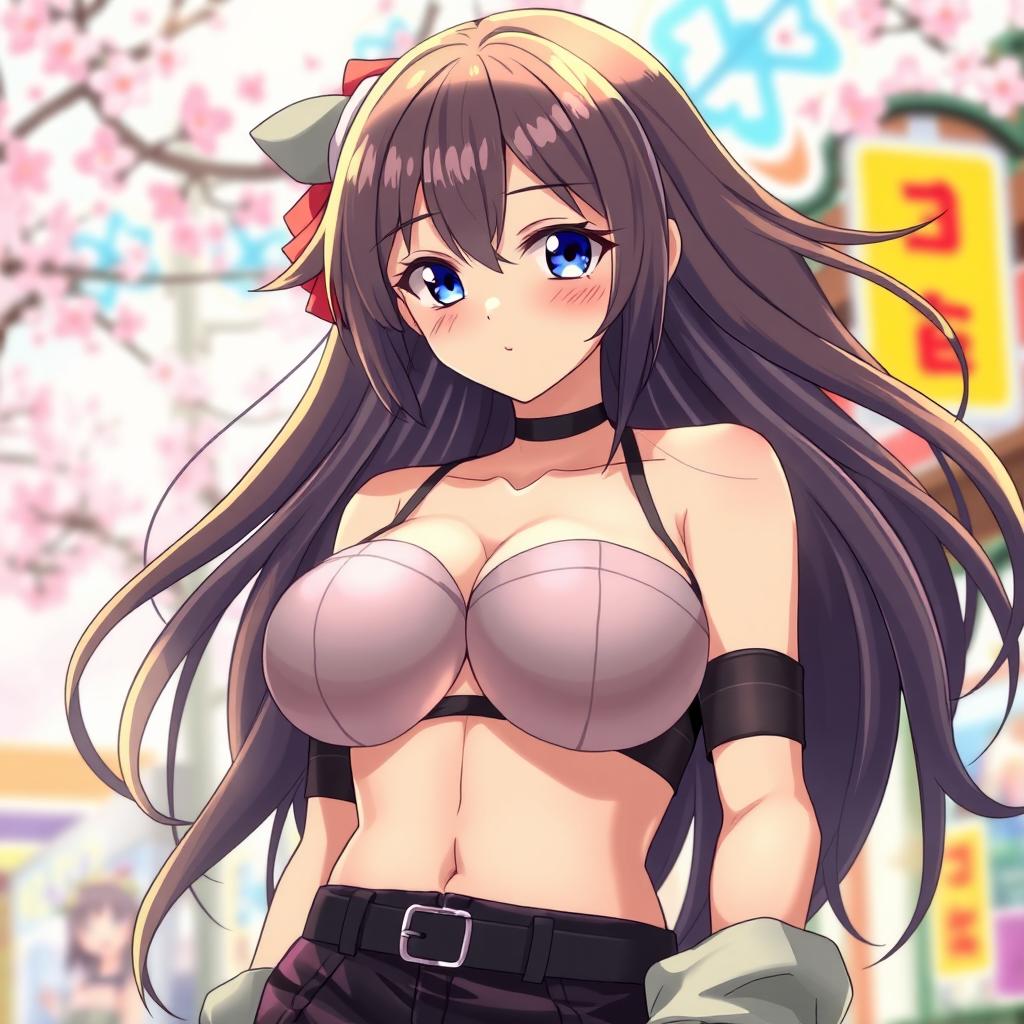 A voluptuous anime girl with large breasts, wearing a stylish and eye-catching outfit