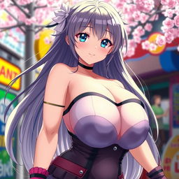 A voluptuous anime girl with large breasts, wearing a stylish and eye-catching outfit