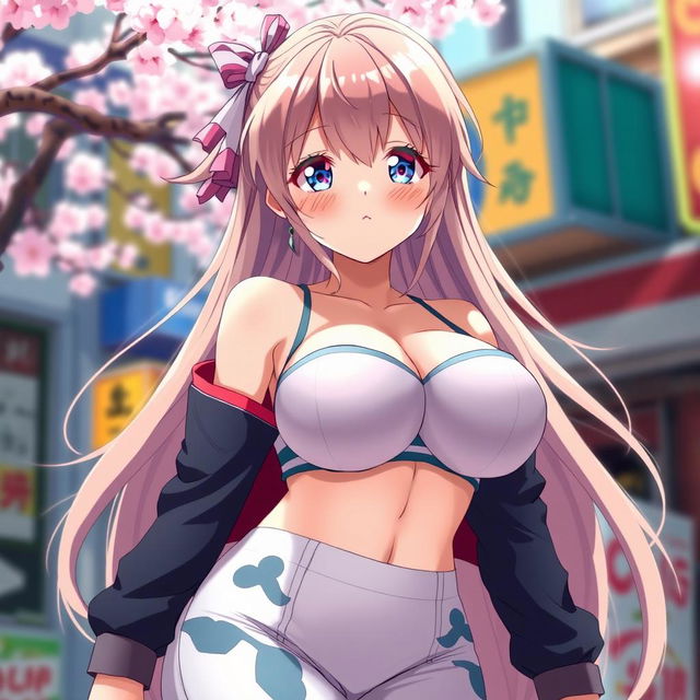 A voluptuous anime girl with large breasts, wearing a stylish and eye-catching outfit