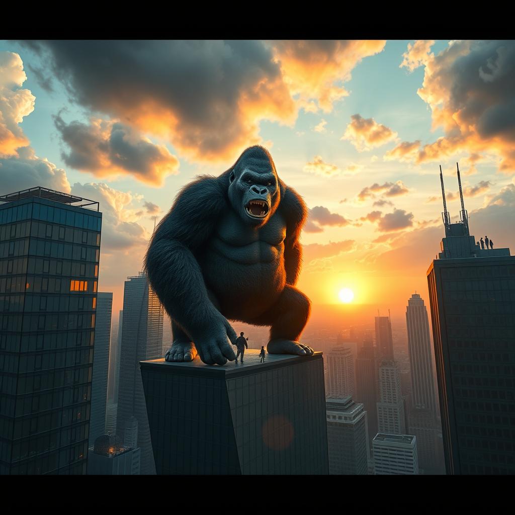 A towering King Kong standing majestically on top of a skyscraper in a bustling city, with his expressive face reflecting both strength and curiosity