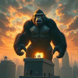 A towering King Kong standing majestically on top of a skyscraper in a bustling city, with his expressive face reflecting both strength and curiosity