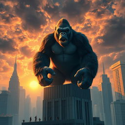 A towering King Kong standing majestically on top of a skyscraper in a bustling city, with his expressive face reflecting both strength and curiosity