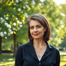 A sexy Russian woman aged 45-50, showcasing a fashionable and chic hairstyle that adds to her charm