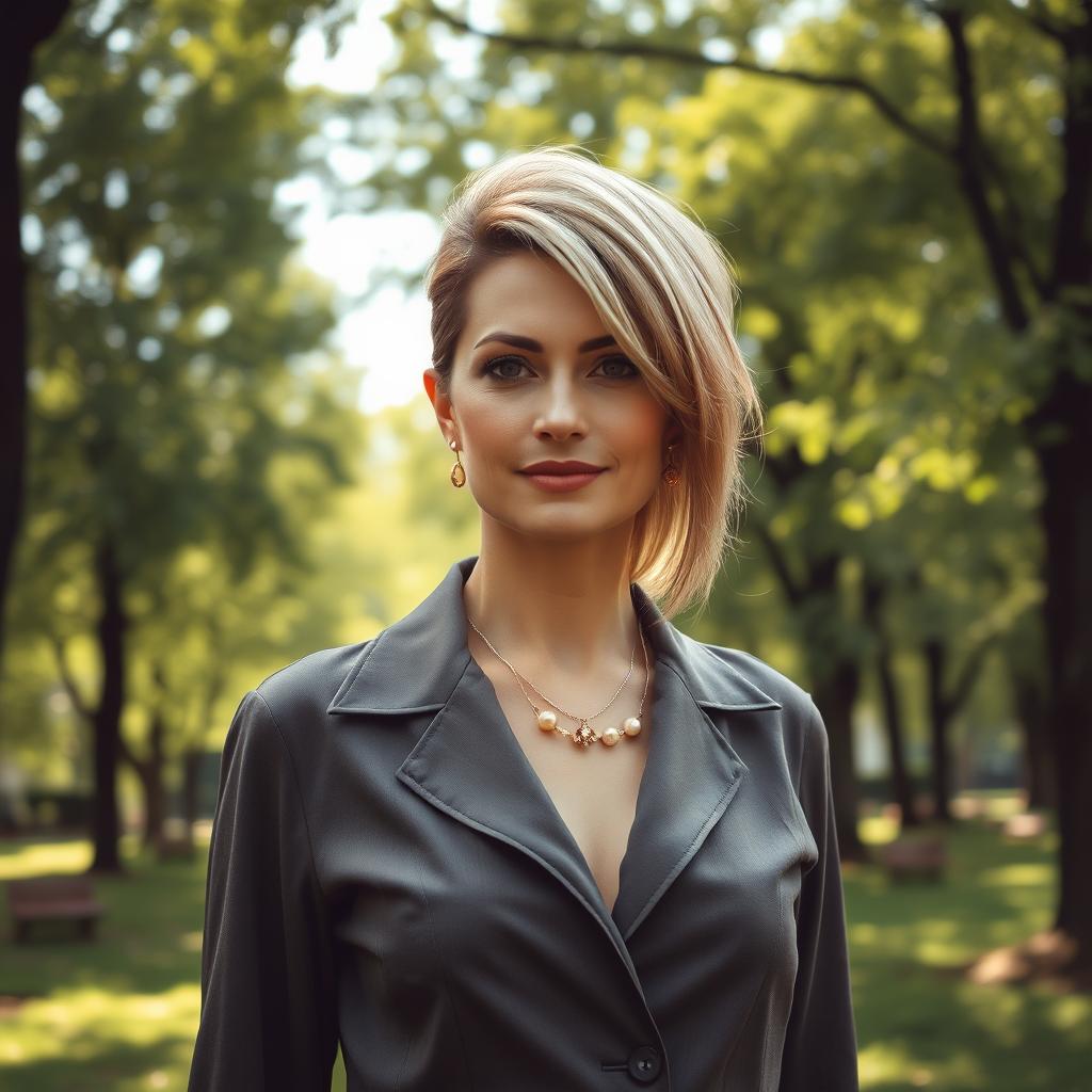 A sexy Russian woman aged 45-50, showcasing a fashionable and chic hairstyle that adds to her charm