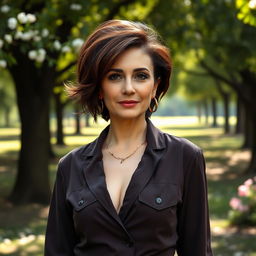 A sexy Russian woman aged 45-50, showcasing a fashionable and chic hairstyle that adds to her charm