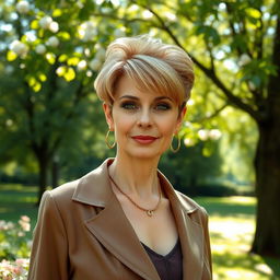 A sexy Russian woman aged 45-50, showcasing a fashionable and chic hairstyle that adds to her charm