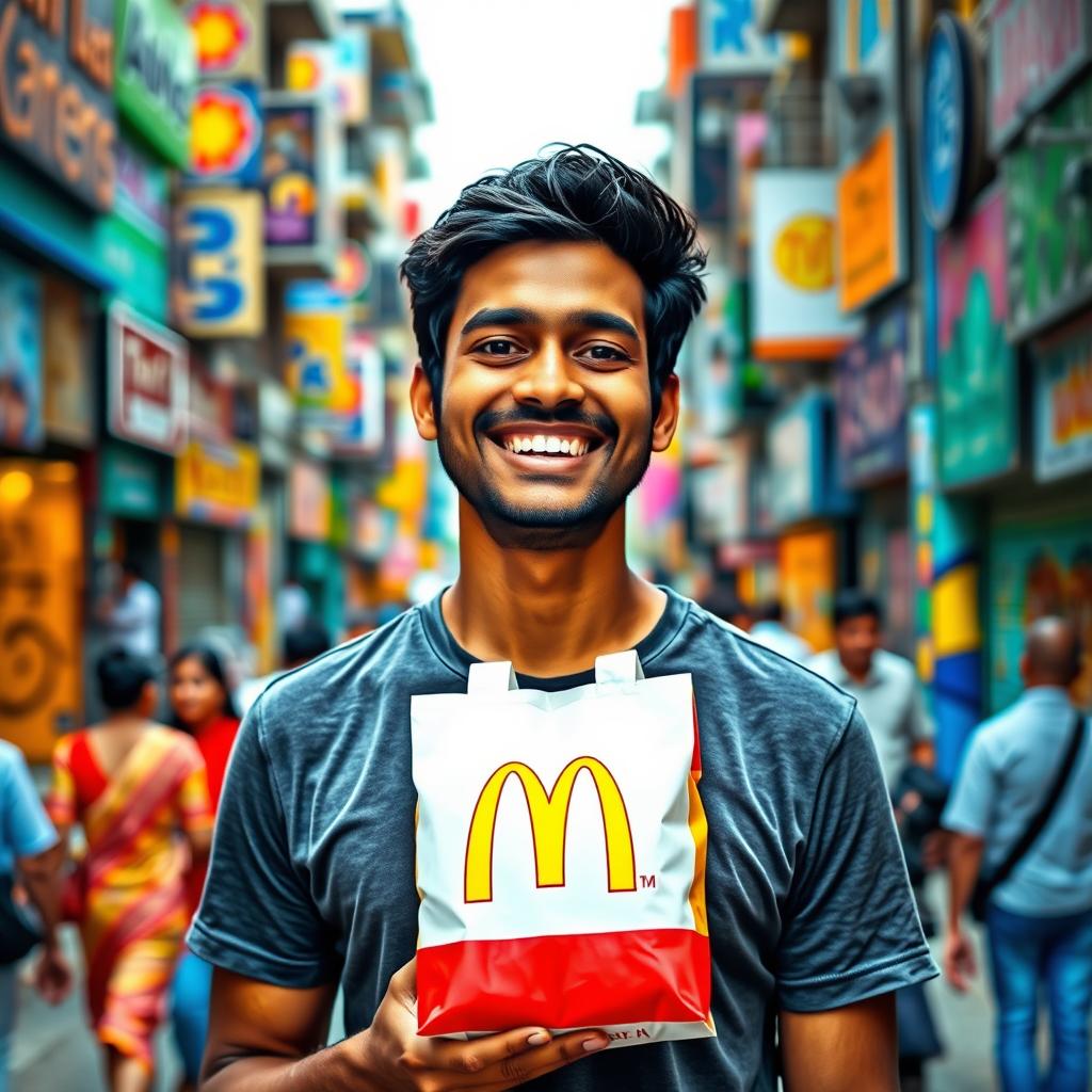 An Indian man smiling and holding a McDonald's bag, standing in a vibrant urban setting filled with colorful street art