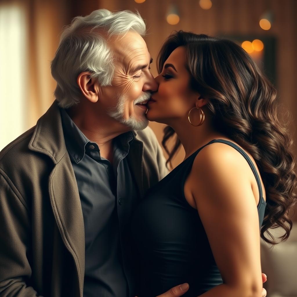 An intimate, romantic scene depicting an old man gently kissing a young, voluptuous woman