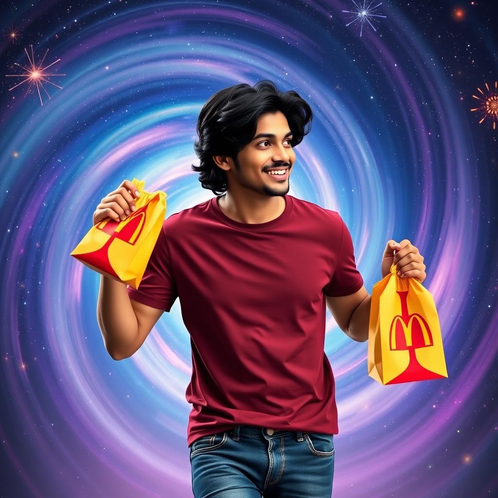 An Indian man with medium-length black hair, wearing a casual maroon t-shirt and jeans, holding a McDonald's bag in one hand while stepping out of a swirling cosmic portal filled with vibrant galaxies and stars