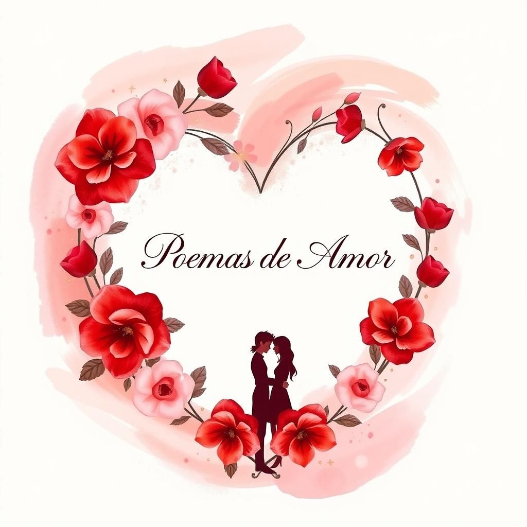 A romantic book cover featuring a heart-shaped arrangement of red and pink flowers, with soft, swirling brushstrokes of pastel colors in the background
