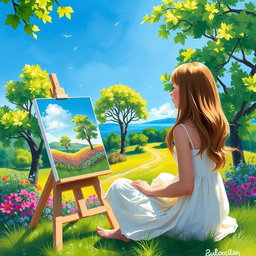 A girl in an impressionist-style painting, sitting outside with her easel