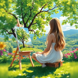 A girl in an impressionist-style painting, sitting outside with her easel
