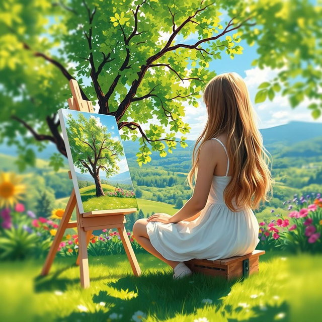 A girl in an impressionist-style painting, sitting outside with her easel