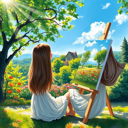 A girl in an impressionist-style painting, sitting outside with her easel