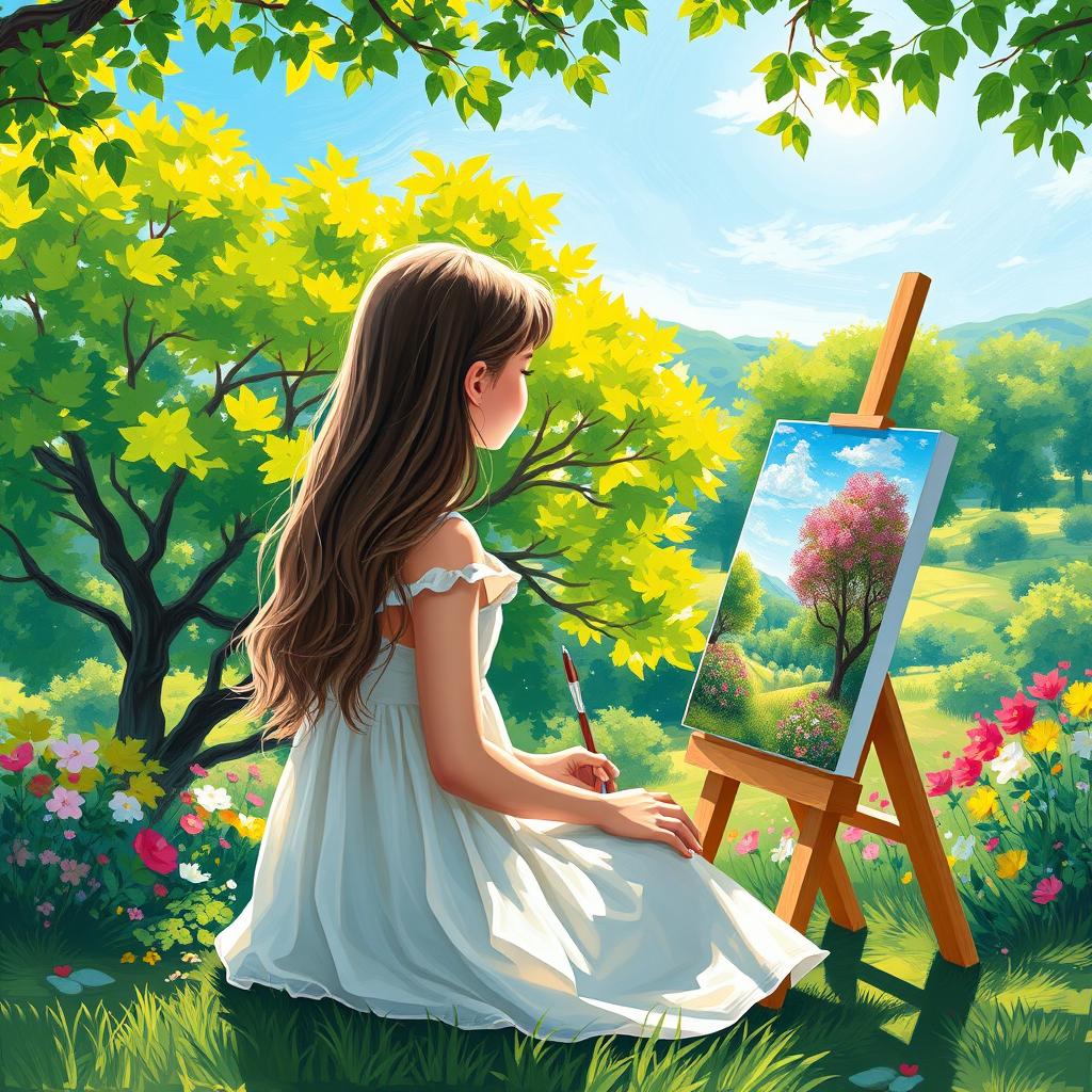 A girl in an impressionist-style painting, sitting outside with her easel