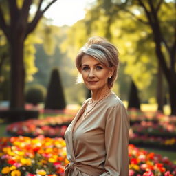 A sexy Russian woman aged 45-50, exuding elegance with a trendy and modern hairstyle