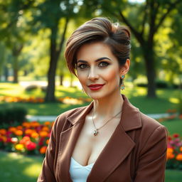 A sexy Russian woman aged 45-50, exuding elegance with a trendy and modern hairstyle