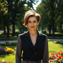 A sexy Russian woman aged 45-50, exuding elegance with a trendy and modern hairstyle