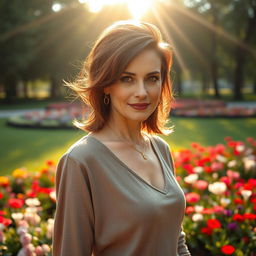 A sexy Russian woman aged 45-50, exuding elegance with a trendy and modern hairstyle