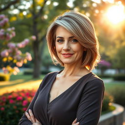 A sexy Russian woman aged 45-50 with a chic and contemporary hairstyle that highlights her beauty