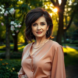 A sexy Russian woman aged 45-50 with a chic and contemporary hairstyle that highlights her beauty