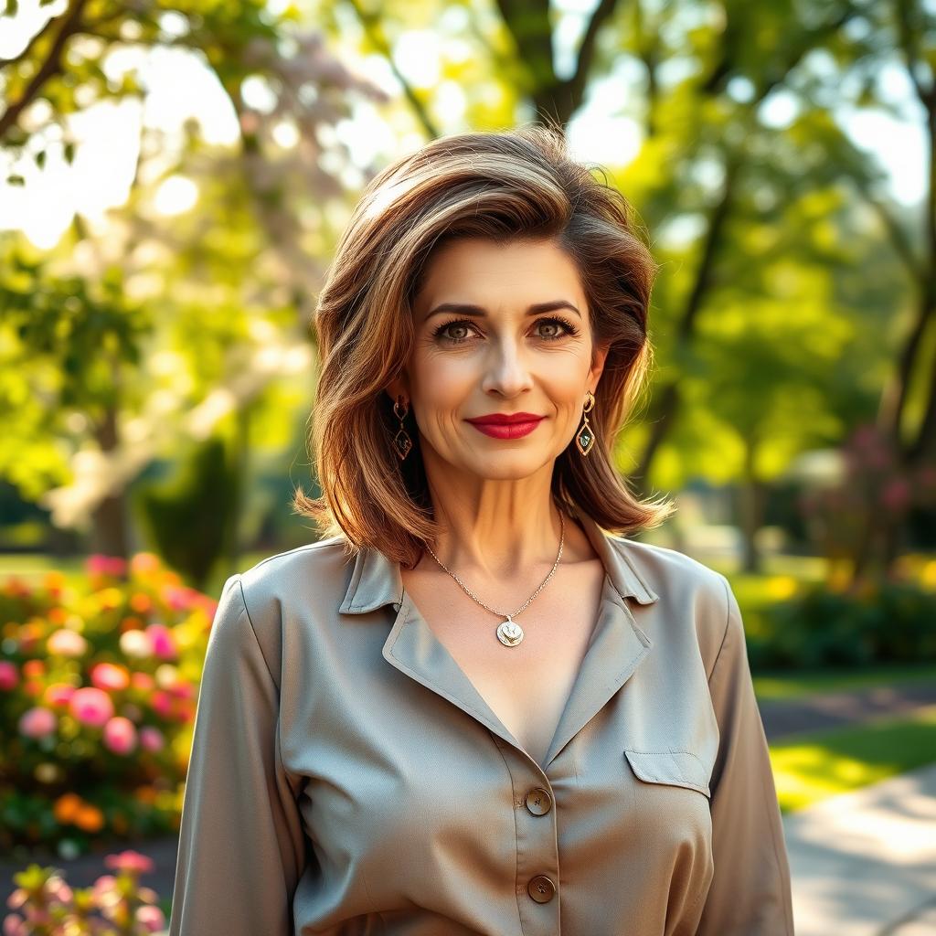 A sexy Russian woman aged 45-50, showcasing a fashionable and stylish hairstyle that enhances her beauty