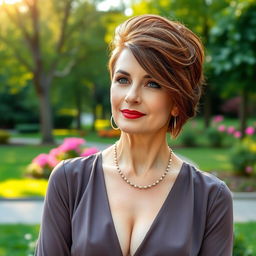 A sexy Russian woman aged 45-50, showcasing a fashionable and stylish hairstyle that enhances her beauty
