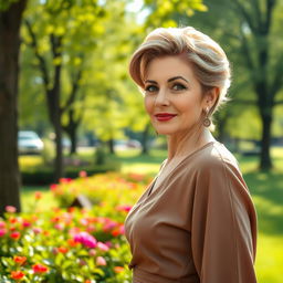 A sexy Russian woman aged 45-50, showcasing a fashionable and stylish hairstyle that enhances her beauty