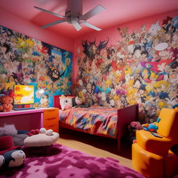 A men's bedroom influenced by anime, featuring vibrant colors, manga-themed wall art, unique furnishings inspired by popular characters, and a cozy yet imaginative ambience.