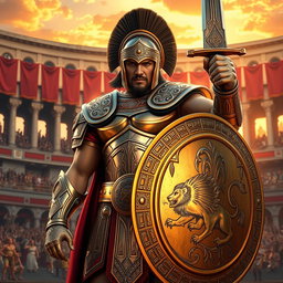 A majestic character named Kekius, wearing an intricate gladiator outfit made of shining metal armor with detailed engravings