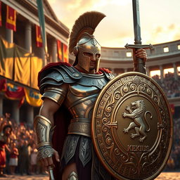 A majestic character named Kekius, wearing an intricate gladiator outfit made of shining metal armor with detailed engravings