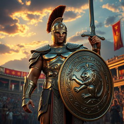 A majestic character named Kekius, wearing an intricate gladiator outfit made of shining metal armor with detailed engravings