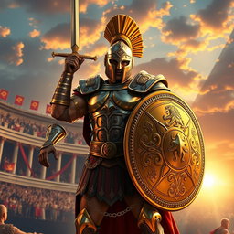 A majestic character named Kekius, wearing an intricate gladiator outfit made of shining metal armor with detailed engravings