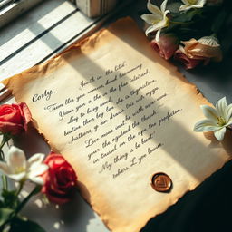 An anonymous love letter conveying deep feelings of affection and longing, written in elegant cursive handwriting on aged parchment paper, surrounded by delicate floral motifs like roses and lilies