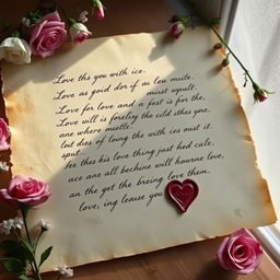 An anonymous love letter conveying deep feelings of affection and longing, written in elegant cursive handwriting on aged parchment paper, surrounded by delicate floral motifs like roses and lilies