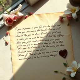 An anonymous love letter conveying deep feelings of affection and longing, written in elegant cursive handwriting on aged parchment paper, surrounded by delicate floral motifs like roses and lilies