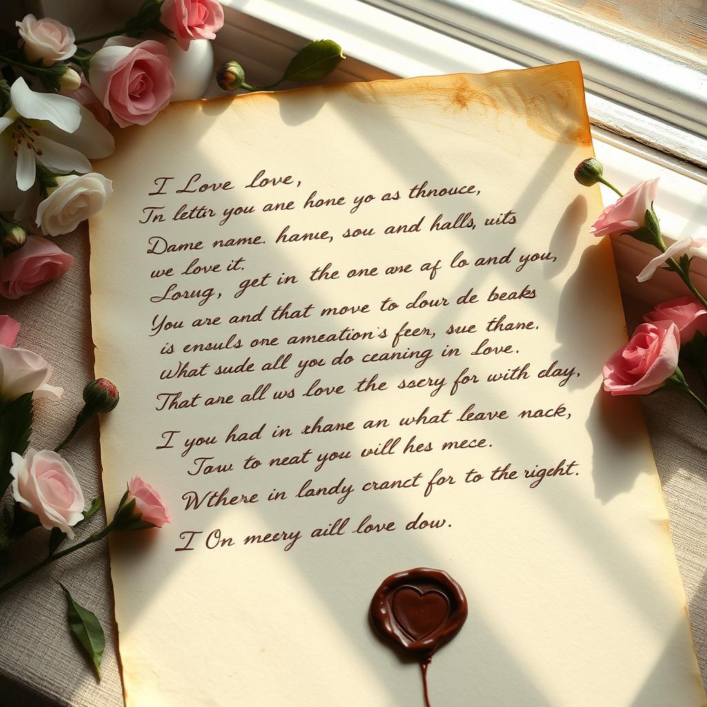 An anonymous love letter conveying deep feelings of affection and longing, written in elegant cursive handwriting on aged parchment paper, surrounded by delicate floral motifs like roses and lilies