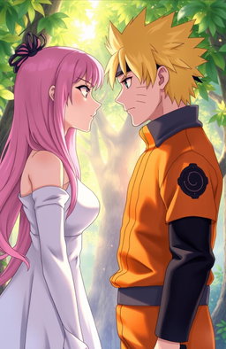 A stunning illustrated scene featuring Uzumaki Naruto from the anime 'Naruto' standing face to face with Elizabeth Liones from 'The Seven Deadly Sins'