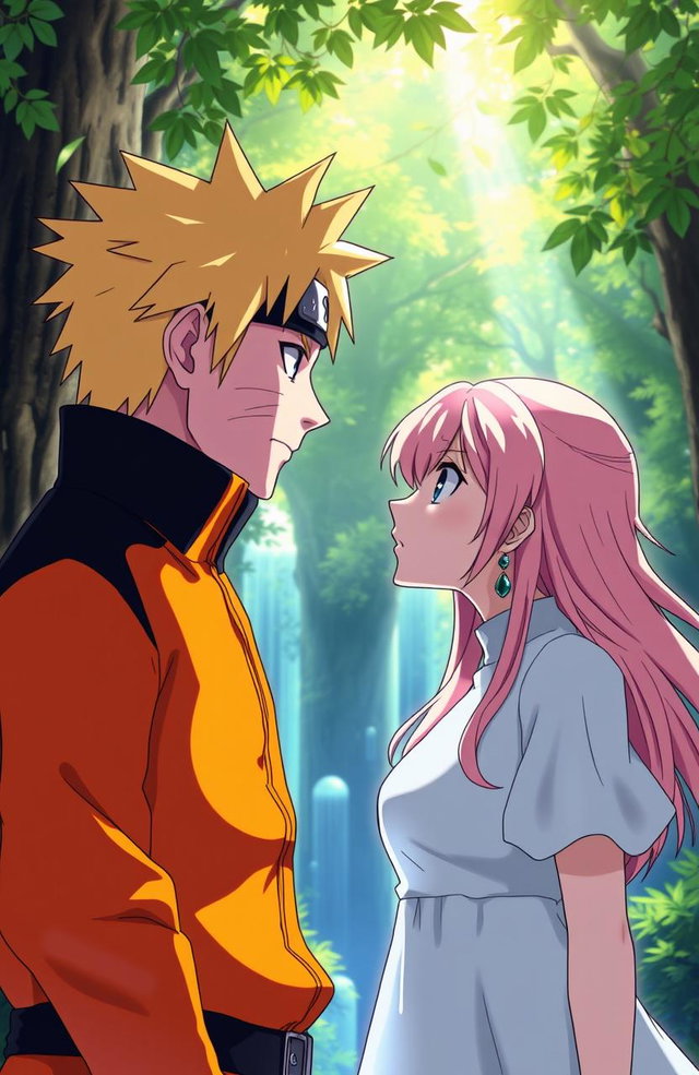 A stunning illustrated scene featuring Uzumaki Naruto from the anime 'Naruto' standing face to face with Elizabeth Liones from 'The Seven Deadly Sins'