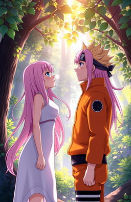 A stunning illustrated scene featuring Uzumaki Naruto from the anime 'Naruto' standing face to face with Elizabeth Liones from 'The Seven Deadly Sins'