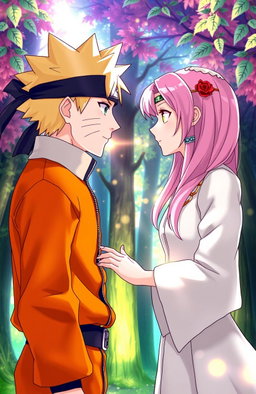 A stunning illustrated scene featuring Uzumaki Naruto from the anime 'Naruto' standing face to face with Elizabeth Liones from 'The Seven Deadly Sins'